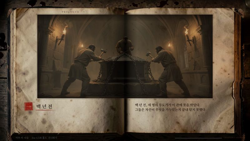 백 년 전 이야기를 담은 책 장면. 무도가들이 관에 사슬을 감아 봉인하고 있다.